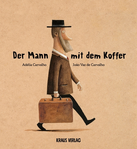 Ein stilisierter Mann mit Bart und Hut, der einen Koffer trägt, auf einem braunen Hintergrund. Der Text "Der Mann mit dem Koffer" ist prominent dargestellt.